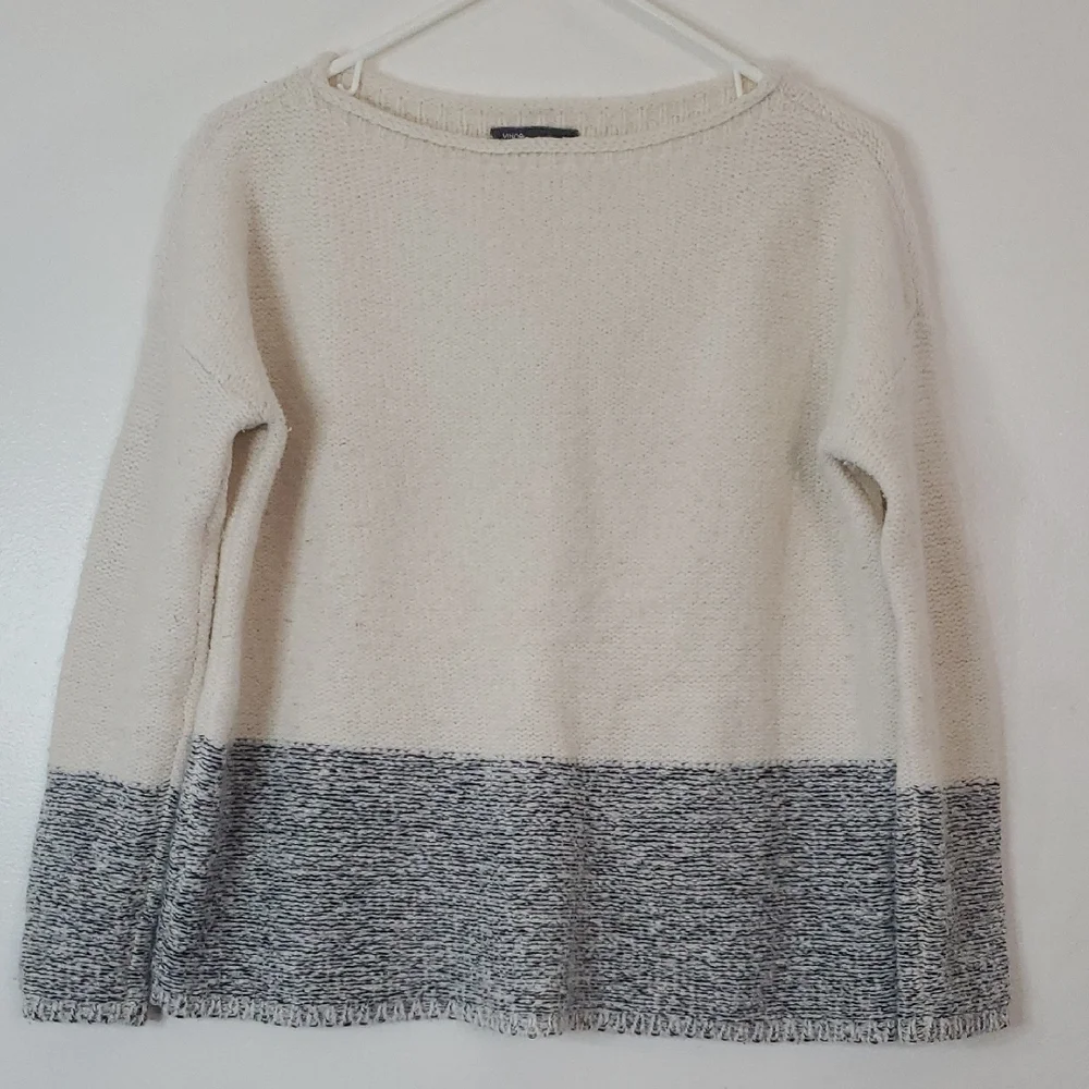 Vince Wool Silk Cashmere Blend Color Block Sweater XS Cream Gray Marled Pullover